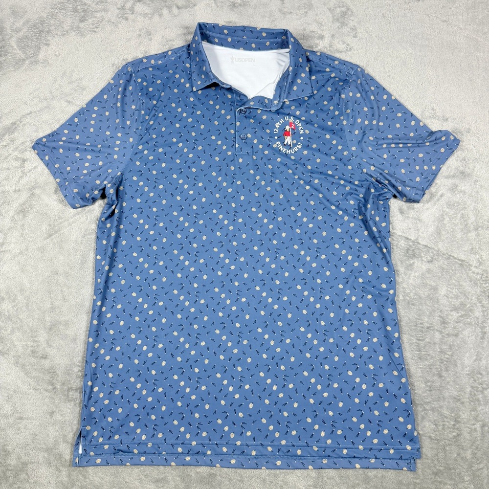 US Open Mens Large Polo Shirt Blue Pinecone Print 124th Pinehurst Golf Shirt